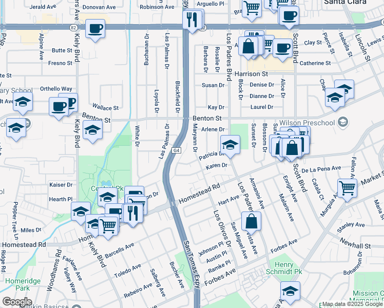 map of restaurants, bars, coffee shops, grocery stores, and more near 932 Maryann Drive in Santa Clara