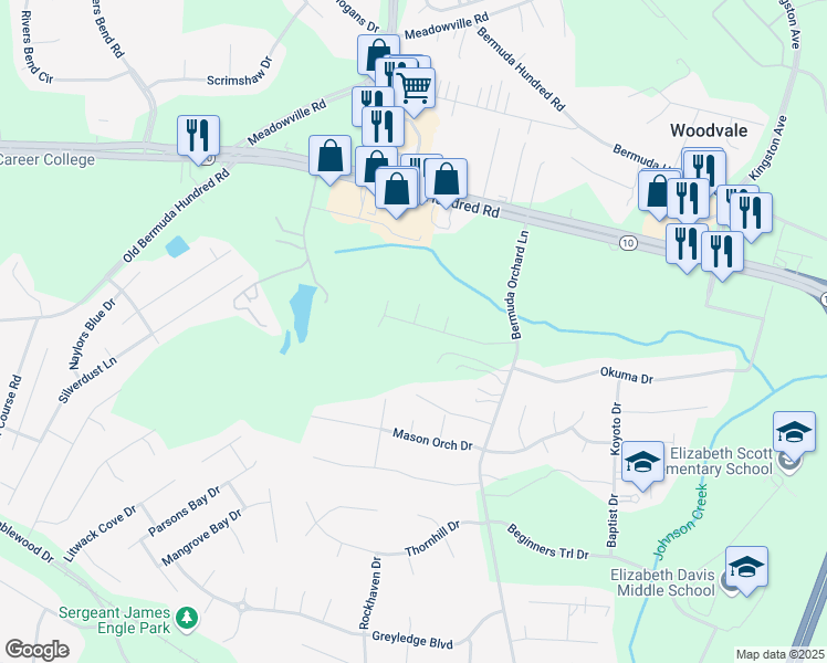 map of restaurants, bars, coffee shops, grocery stores, and more near 307 Derbycreek Lane in Chester