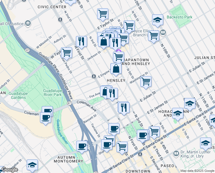 map of restaurants, bars, coffee shops, grocery stores, and more near 447 North 2nd Street in San Jose