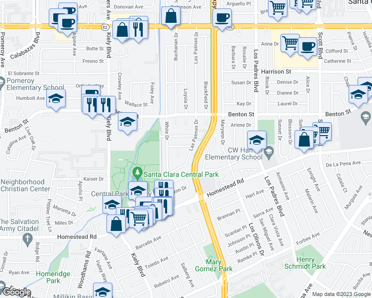 map of restaurants, bars, coffee shops, grocery stores, and more near 2515 Rose Way in Santa Clara