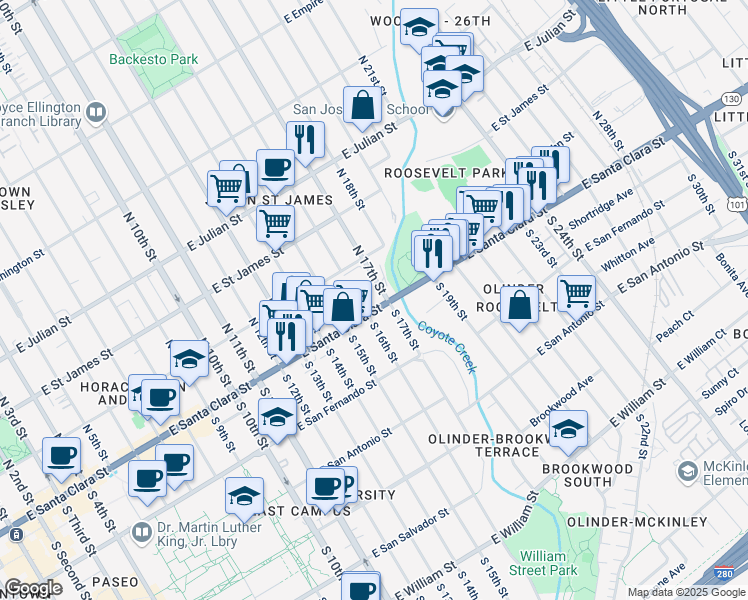 map of restaurants, bars, coffee shops, grocery stores, and more near 777 East Santa Clara Street in San Jose
