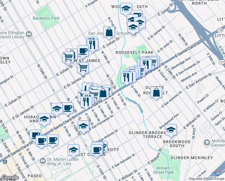 map of restaurants, bars, coffee shops, grocery stores, and more near 761 East Santa Clara Street in San Jose