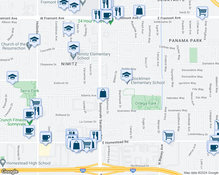 map of restaurants, bars, coffee shops, grocery stores, and more near 1524 Albatross Drive in Sunnyvale