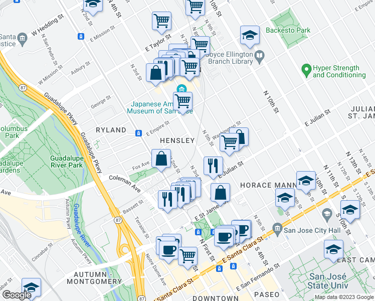map of restaurants, bars, coffee shops, grocery stores, and more near 406 North 3rd Street in San Jose