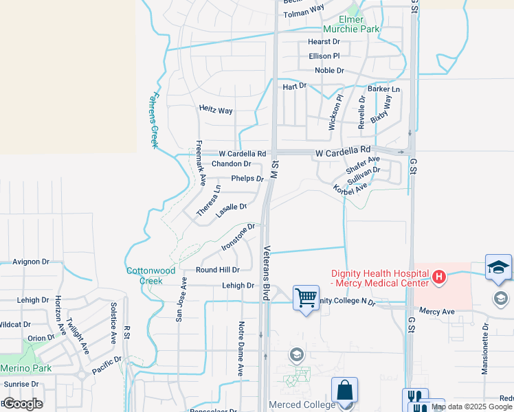map of restaurants, bars, coffee shops, grocery stores, and more near 4260 Lasalle Drive in Merced