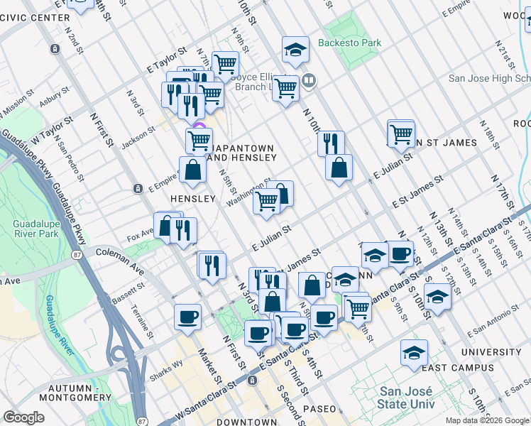 map of restaurants, bars, coffee shops, grocery stores, and more near 345 North 6th Street in San Jose