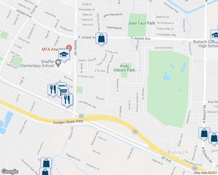 map of restaurants, bars, coffee shops, grocery stores, and more near 1444 Almador Terrace in Atwater