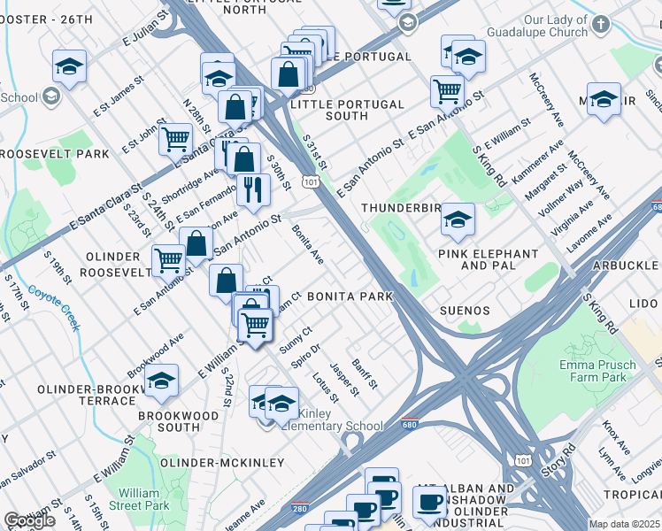 map of restaurants, bars, coffee shops, grocery stores, and more near 356 Bonita Avenue in San Jose