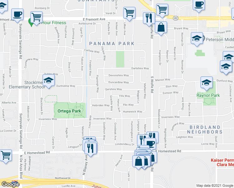 map of restaurants, bars, coffee shops, grocery stores, and more near 797 Fife Way in Sunnyvale