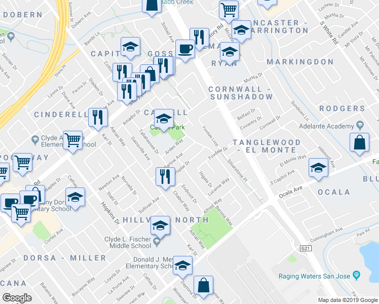 map of restaurants, bars, coffee shops, grocery stores, and more near 2428 Barlow Avenue in San Jose