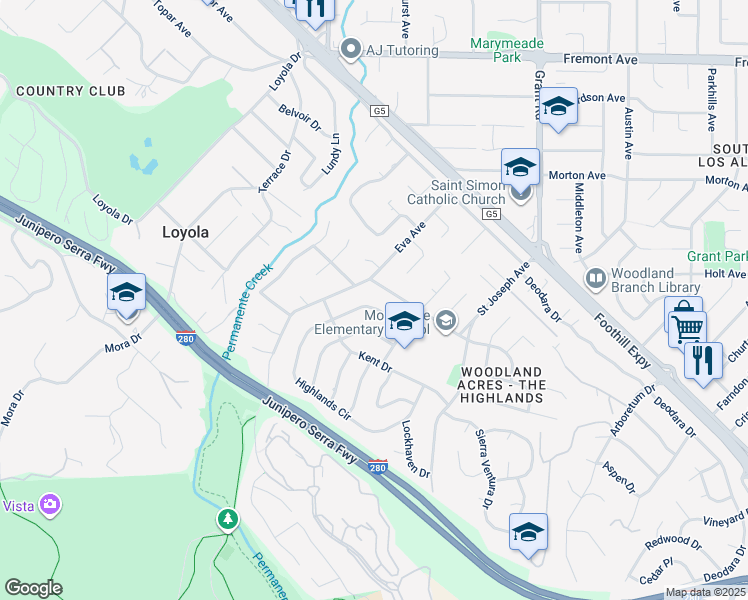 map of restaurants, bars, coffee shops, grocery stores, and more near 1075 Highlands Circle in Los Altos