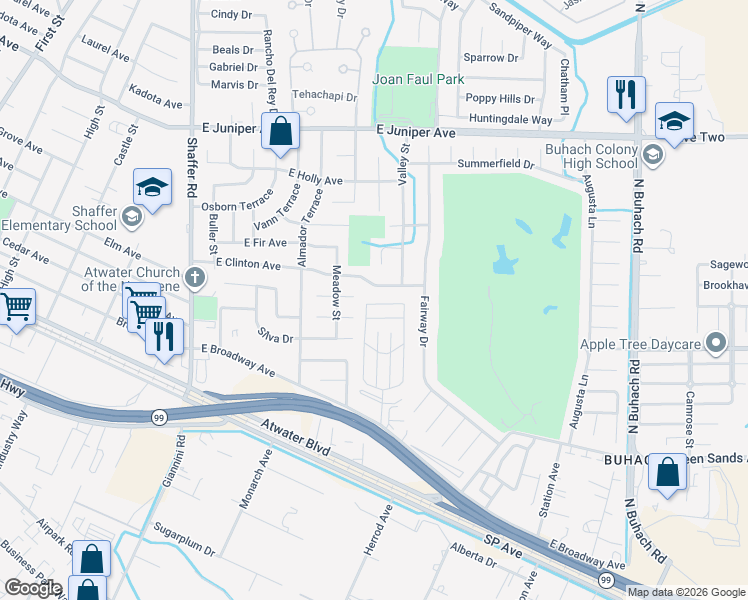 map of restaurants, bars, coffee shops, grocery stores, and more near 42 Rancho Grande Circle in Atwater