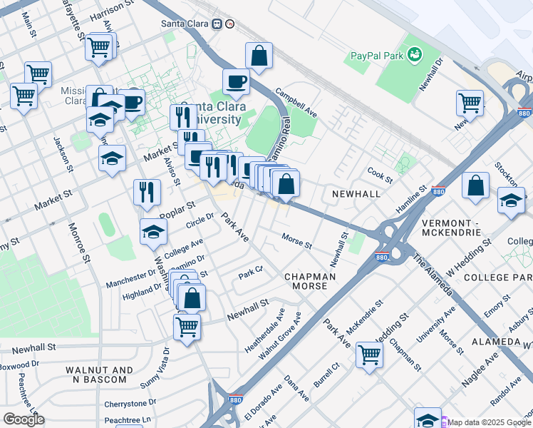 map of restaurants, bars, coffee shops, grocery stores, and more near 550 Hilmar Street in Santa Clara