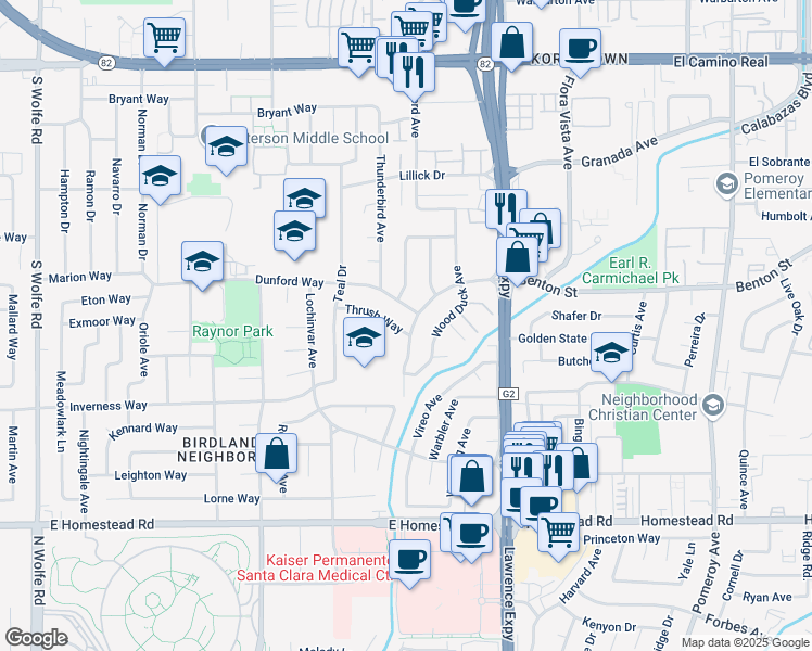 map of restaurants, bars, coffee shops, grocery stores, and more near 3755 Thrush Way in Santa Clara