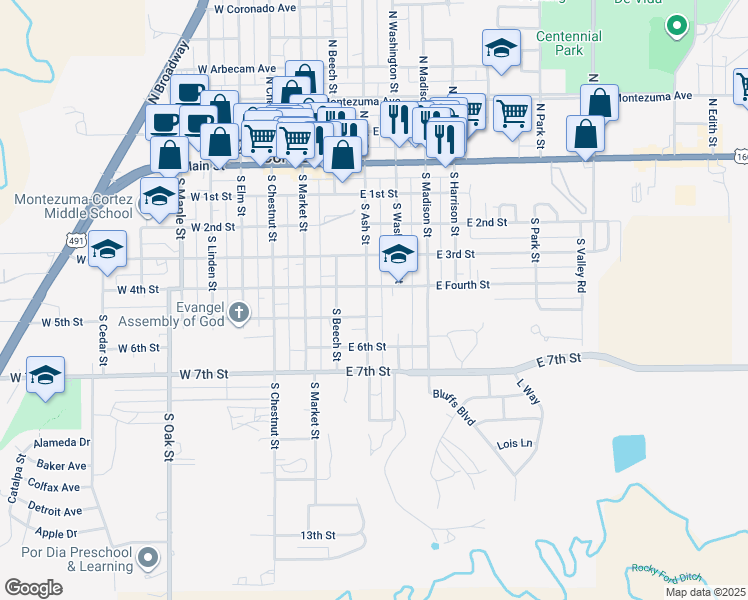 map of restaurants, bars, coffee shops, grocery stores, and more near 410 South Ash Street in Cortez