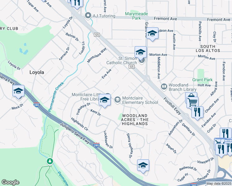 map of restaurants, bars, coffee shops, grocery stores, and more near 1975 Laver Court in Los Altos