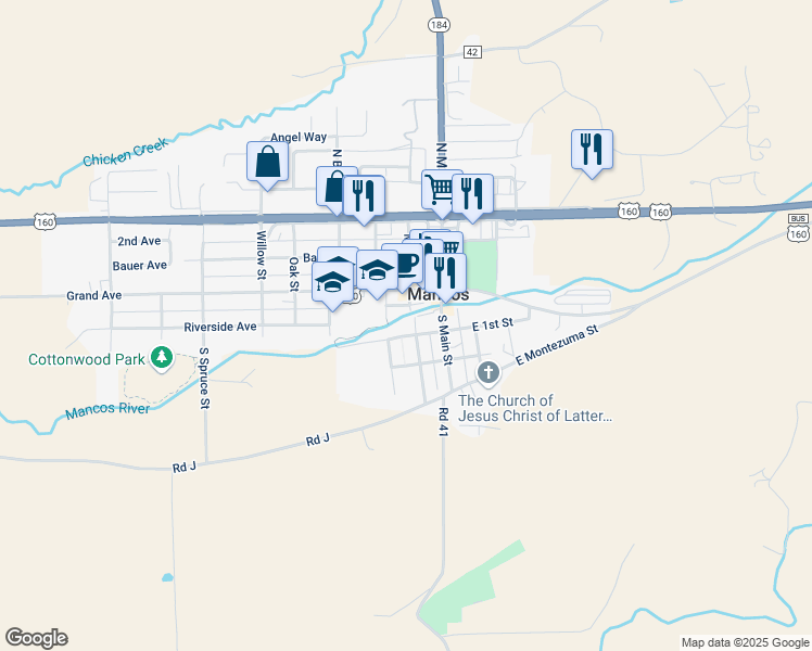 map of restaurants, bars, coffee shops, grocery stores, and more near 211 1st Street in Mancos