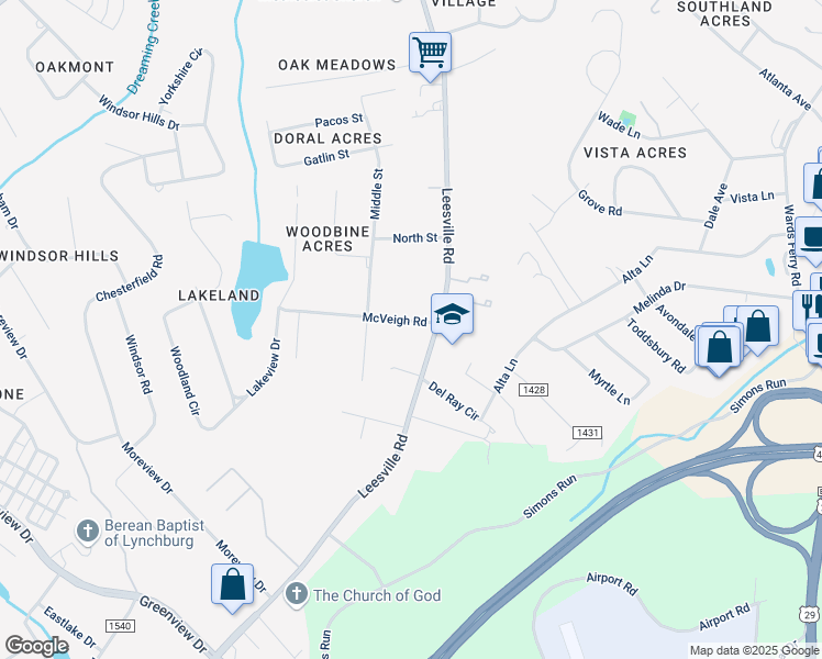 map of restaurants, bars, coffee shops, grocery stores, and more near 1503 McVeigh Road in Lynchburg