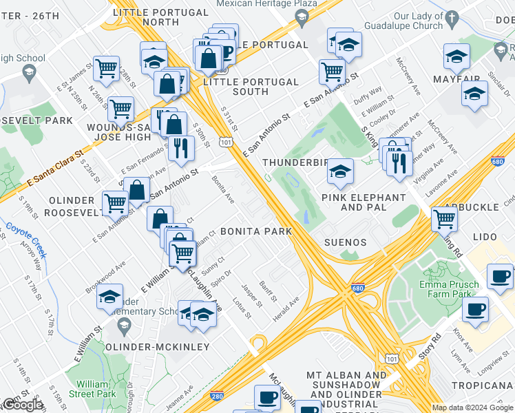 map of restaurants, bars, coffee shops, grocery stores, and more near 337 Rayos Del Sol Drive in San Jose