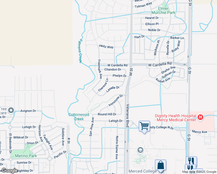 map of restaurants, bars, coffee shops, grocery stores, and more near 4250 Theresa Lane in Merced