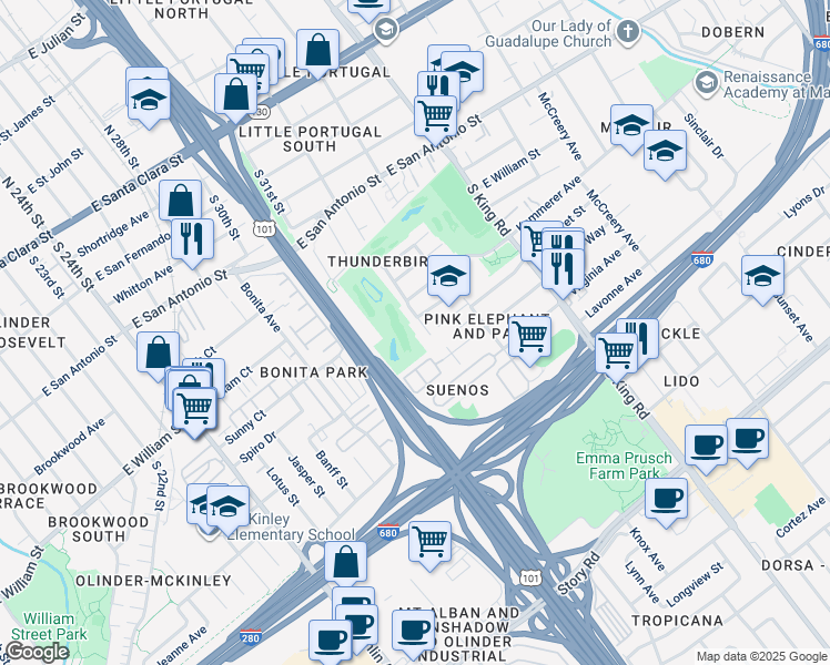 map of restaurants, bars, coffee shops, grocery stores, and more near 1509 Hermocilla Way in San Jose