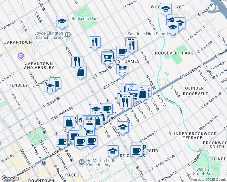 map of restaurants, bars, coffee shops, grocery stores, and more near 175 North 12th Street in San Jose