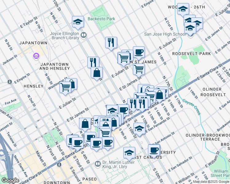 map of restaurants, bars, coffee shops, grocery stores, and more near 497 East Saint James Street in San Jose
