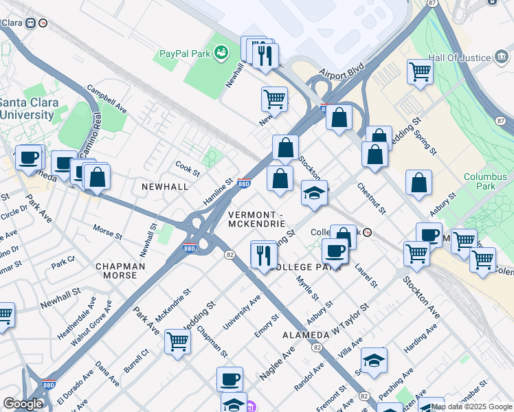 map of restaurants, bars, coffee shops, grocery stores, and more near 968 Vermont Street in San Jose