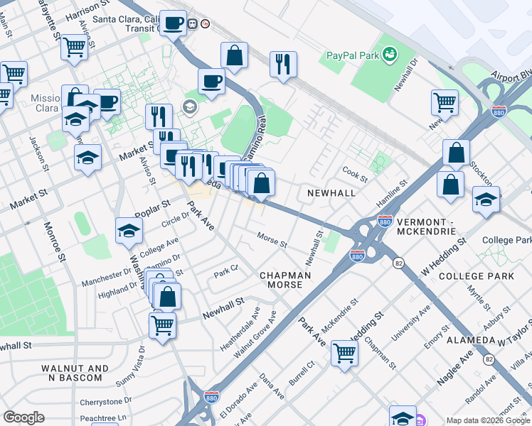 map of restaurants, bars, coffee shops, grocery stores, and more near 2201 The Alameda in Santa Clara