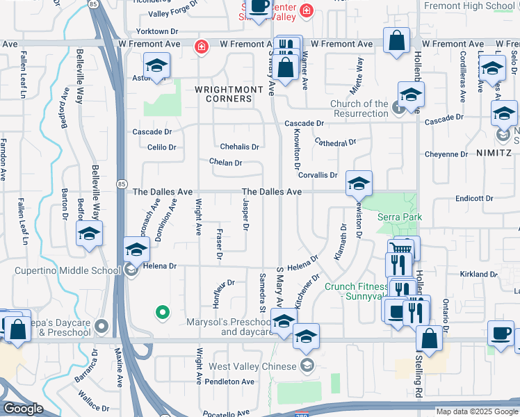 map of restaurants, bars, coffee shops, grocery stores, and more near 1520 Jasper Drive in Sunnyvale