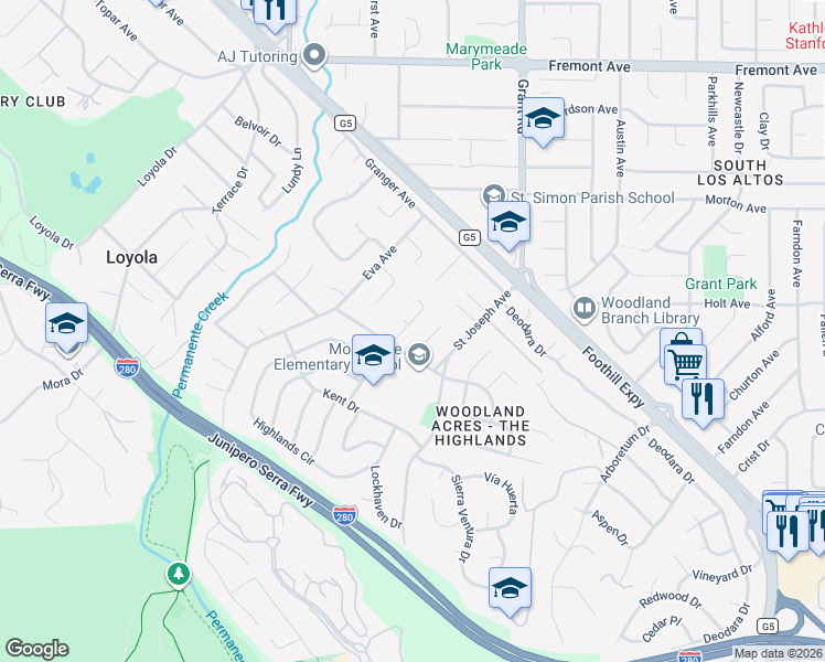 map of restaurants, bars, coffee shops, grocery stores, and more near 1975 Laver Court in Los Altos