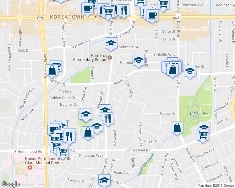 map of restaurants, bars, coffee shops, grocery stores, and more near 3282 Catalina Avenue in Santa Clara