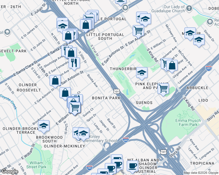 map of restaurants, bars, coffee shops, grocery stores, and more near 413 Mirador Terrace in San Jose