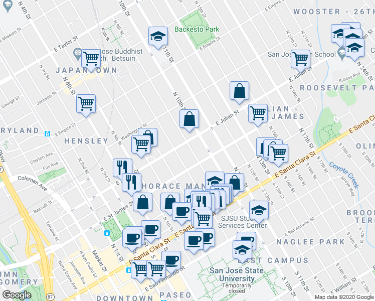 map of restaurants, bars, coffee shops, grocery stores, and more near 271 North 9th Street in San Jose