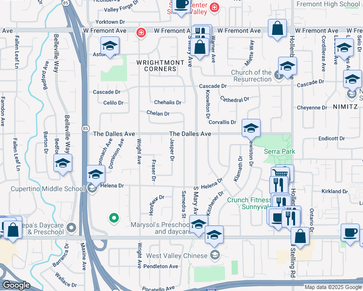 map of restaurants, bars, coffee shops, grocery stores, and more near 1520 Jasper Drive in Sunnyvale