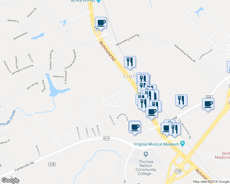 map of restaurants, bars, coffee shops, grocery stores, and more near 4604 Noland Boulevard in Williamsburg