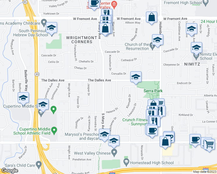 map of restaurants, bars, coffee shops, grocery stores, and more near 1519 Kennewick Drive in Sunnyvale