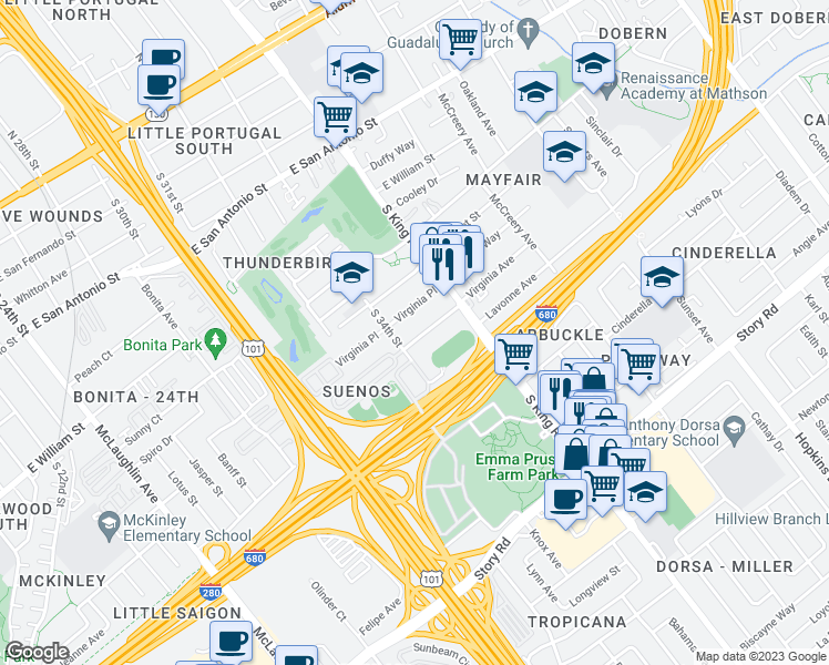map of restaurants, bars, coffee shops, grocery stores, and more near 1625 Virginia Avenue in San Jose