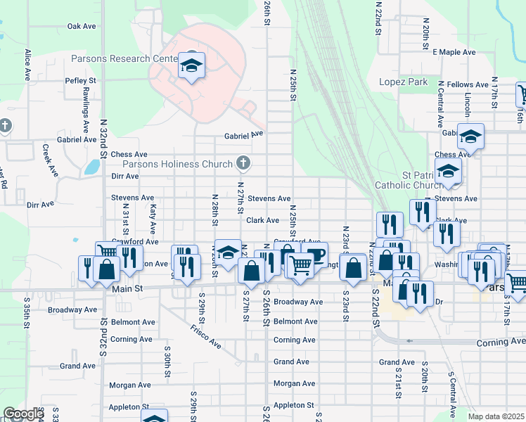 map of restaurants, bars, coffee shops, grocery stores, and more near 400 North 26th Street in Parsons