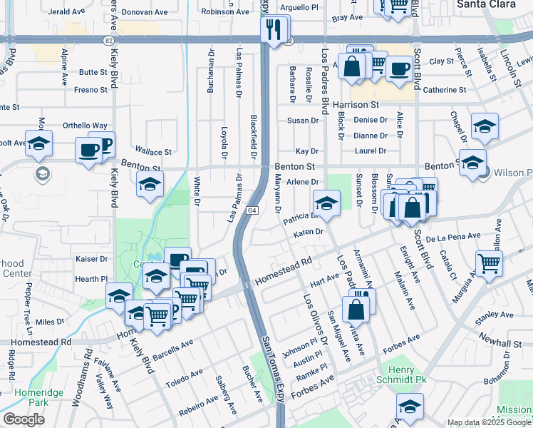 map of restaurants, bars, coffee shops, grocery stores, and more near 2491 Karen Drive in Santa Clara