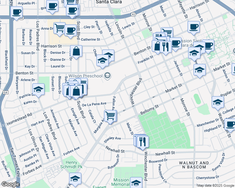 map of restaurants, bars, coffee shops, grocery stores, and more near 1818 Homestead Road in Santa Clara