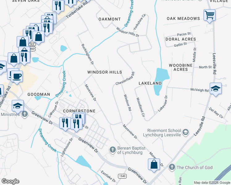 map of restaurants, bars, coffee shops, grocery stores, and more near 210 Chesterfield Road in Lynchburg