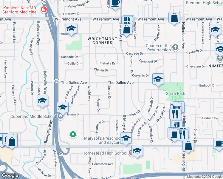 map of restaurants, bars, coffee shops, grocery stores, and more near 1520 Jasper Drive in Sunnyvale