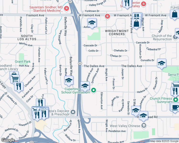 map of restaurants, bars, coffee shops, grocery stores, and more near 1511 Coronach Avenue in Sunnyvale