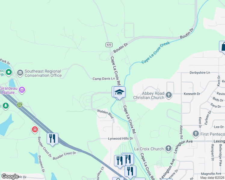 map of restaurants, bars, coffee shops, grocery stores, and more near 2961 Walden Boulevard in Cape Girardeau