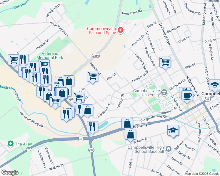 map of restaurants, bars, coffee shops, grocery stores, and more near 609 Meader Street in Campbellsville