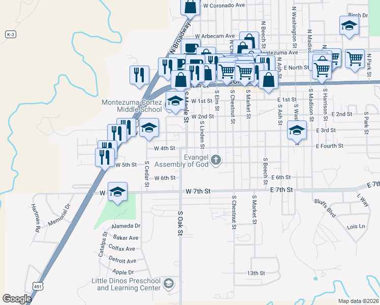 map of restaurants, bars, coffee shops, grocery stores, and more near 406 South Maple Street in Cortez