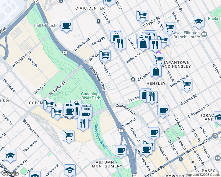 map of restaurants, bars, coffee shops, grocery stores, and more near 165 San Pedro Circle in San Jose