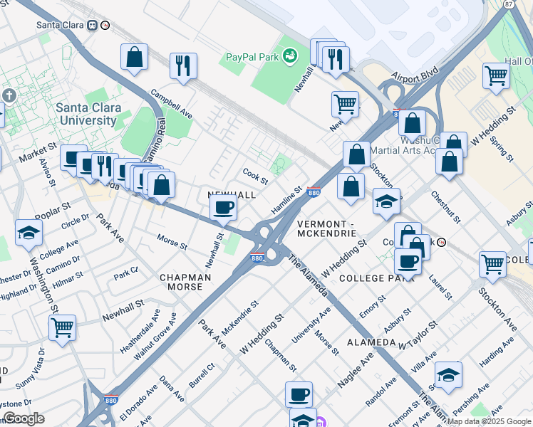 map of restaurants, bars, coffee shops, grocery stores, and more near 1075 Hamline Street in San Jose