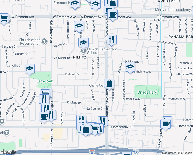 map of restaurants, bars, coffee shops, grocery stores, and more near 1495 Yukon Drive in Sunnyvale